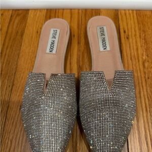Steve Madden Rhinestone-Embellished Silver Slip-On Mules